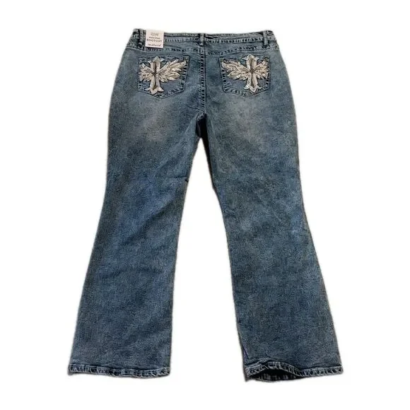Telepatia High-Rise Bootcut Jeans 20x30 Bootcut Rhinestone Embellished Cross - Picture 3 of 10